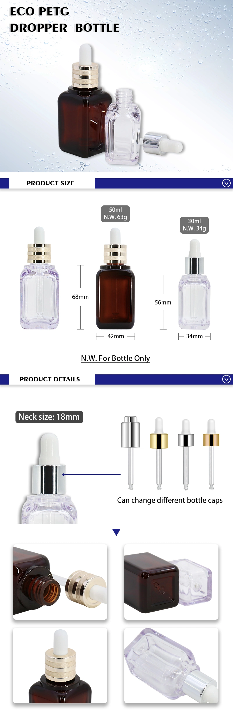 OEM Custom Eco PETG 50ml 30ml Empty Thick Bottom Refill Cosmetic Plastic Dropper Bottle